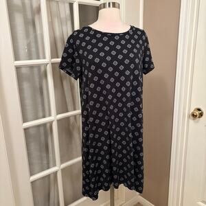 Anne Klein Black White Print Shift Dress Size M Short Sleeve Stretch